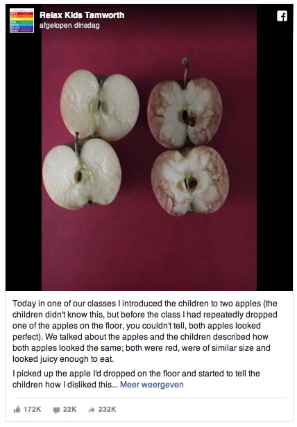 Juf legt impact pesten uit met appels Ouders van Nu Redactie