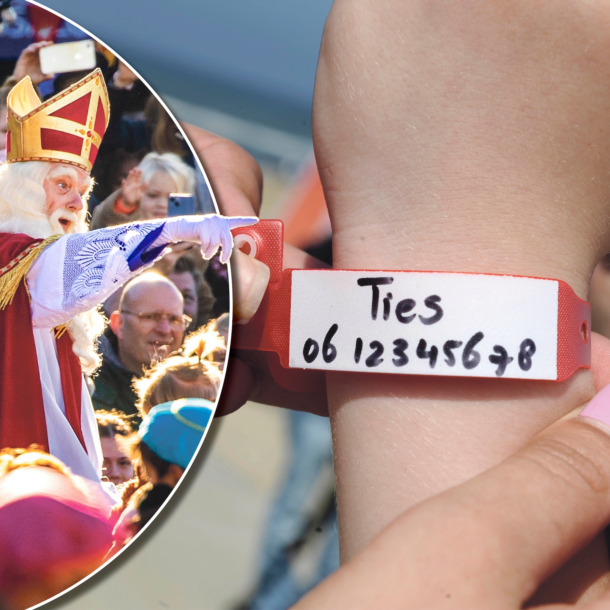 naar de intocht van sinterklaas gebruik polsbandje of naamsticker om je kind niet kwijt te raken