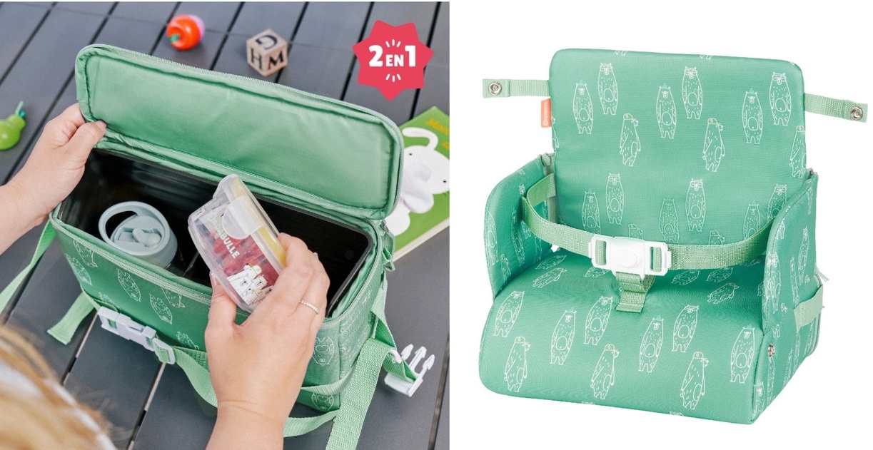 stoelverhoger en tas in een Badabulle