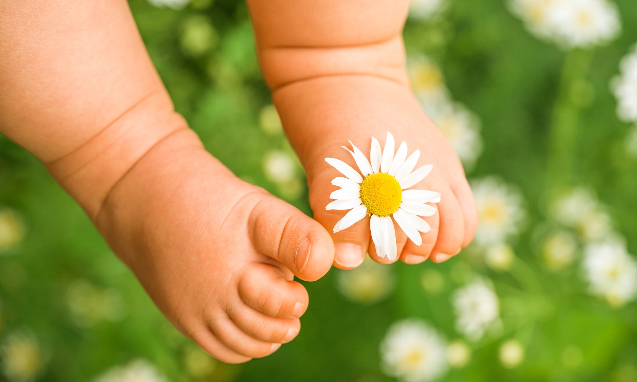 Babyvoetjes met bloem tussen tenen Getty Images