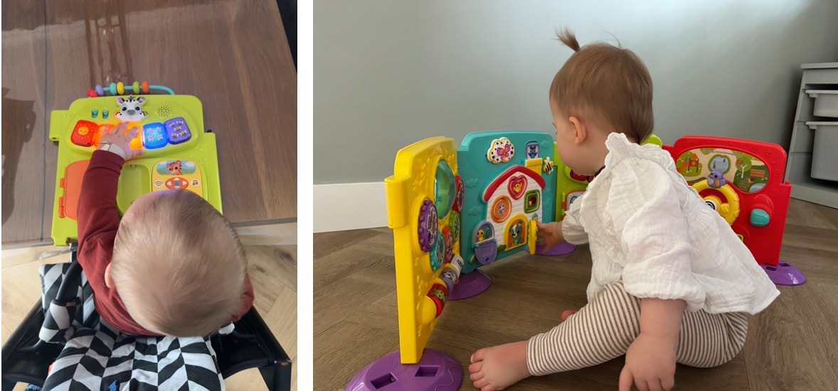 VTech Links: Ruben drukt op de knoppen | Rechts: Juul speelt met het deurtje.