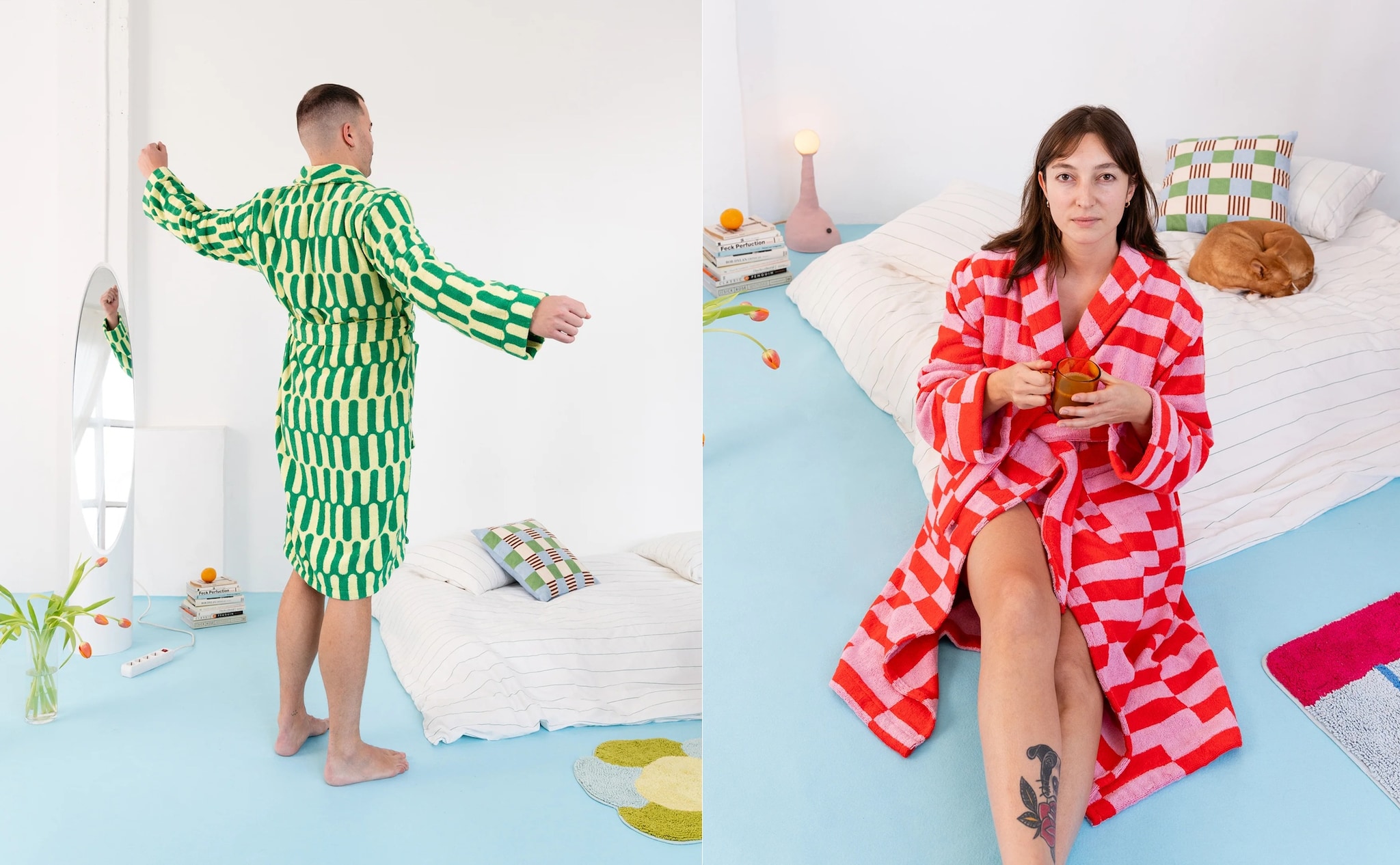 man en vrouw in kleurrijke badjassen van Tarta Gelatina, origineel kraamcadeau Tarta Gelatina
