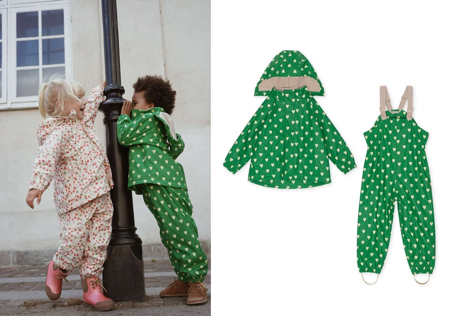 konges slojd regenjas set, groen met hartjesprint Konges Sløjd