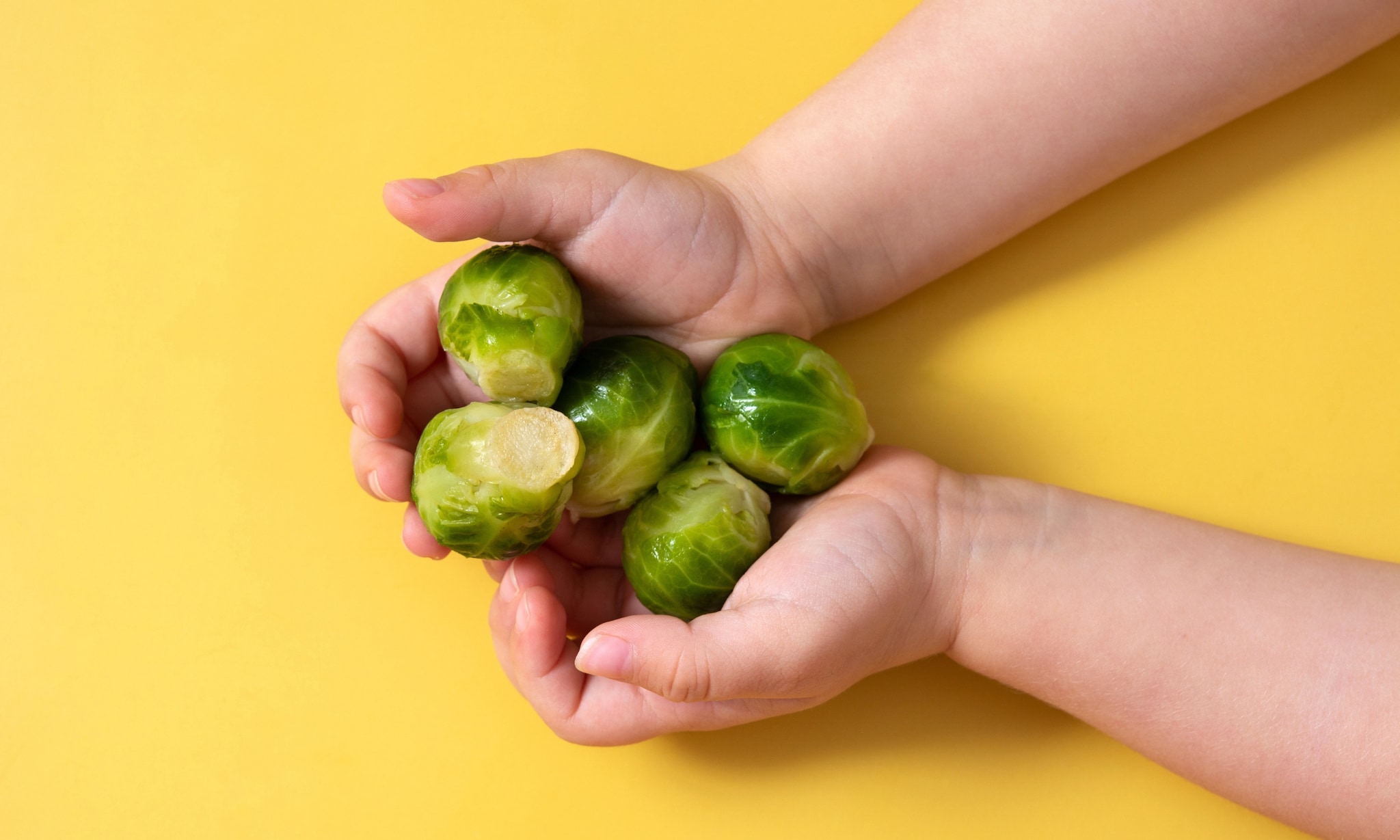 Kinderhanden met spruitjes op gele achtergrond. Getty Images