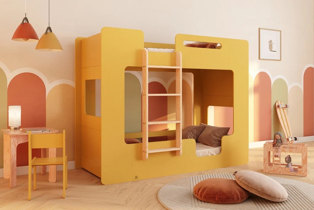 etsy mosterdgele hoogslaper en vloerbed in een smartwoodKIDS (Etsy)