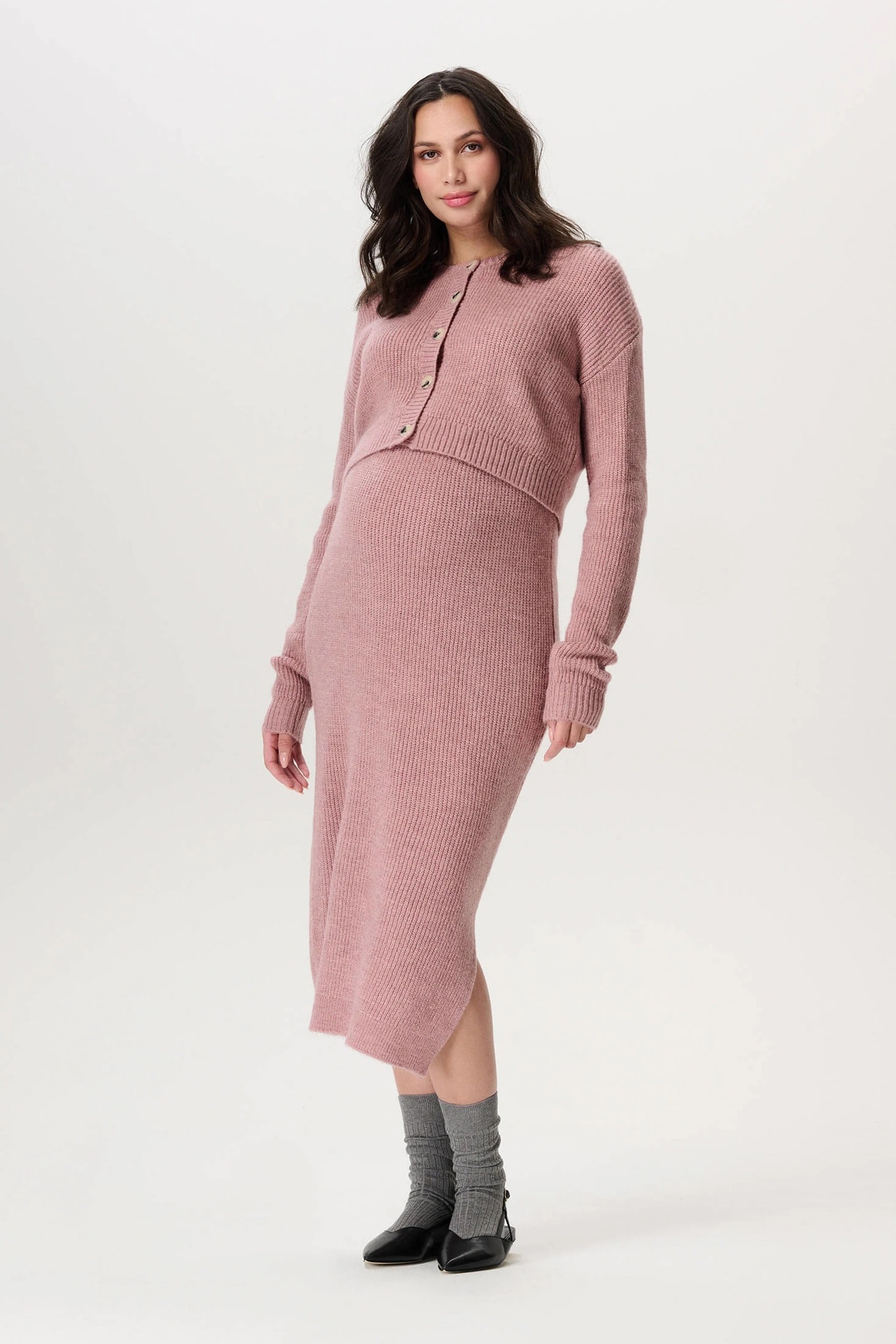 gebreide roze zwangerschapsset met vest en rok van noppies Noppies