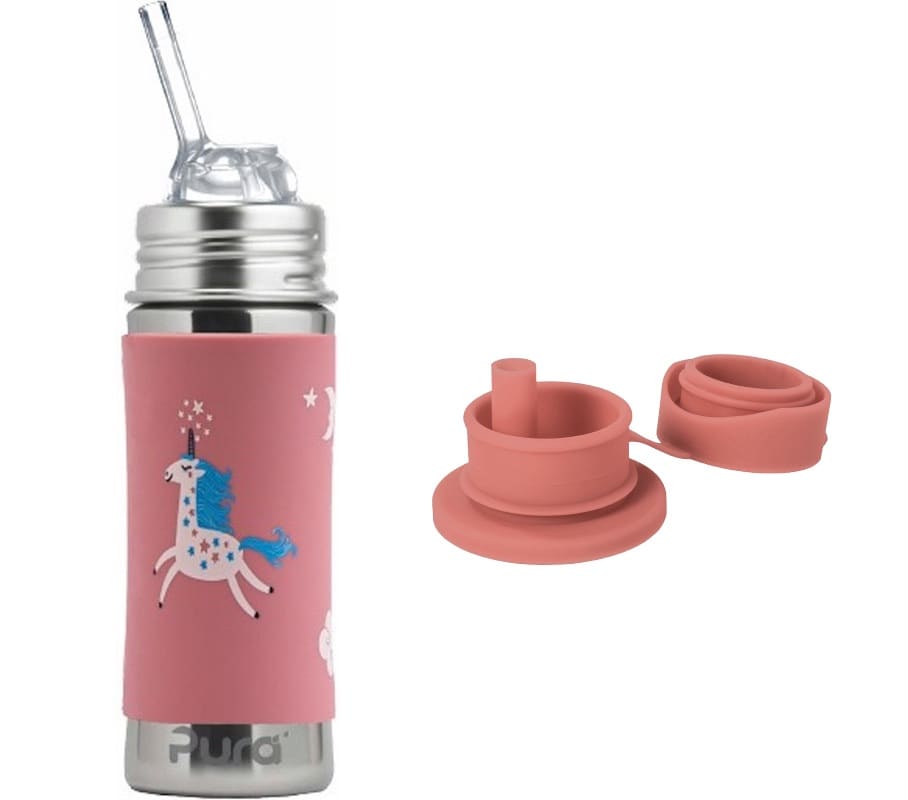 Pura rvs drinkfles, rietjesbeker met unicornsleeve en sportdop ernaast Pura