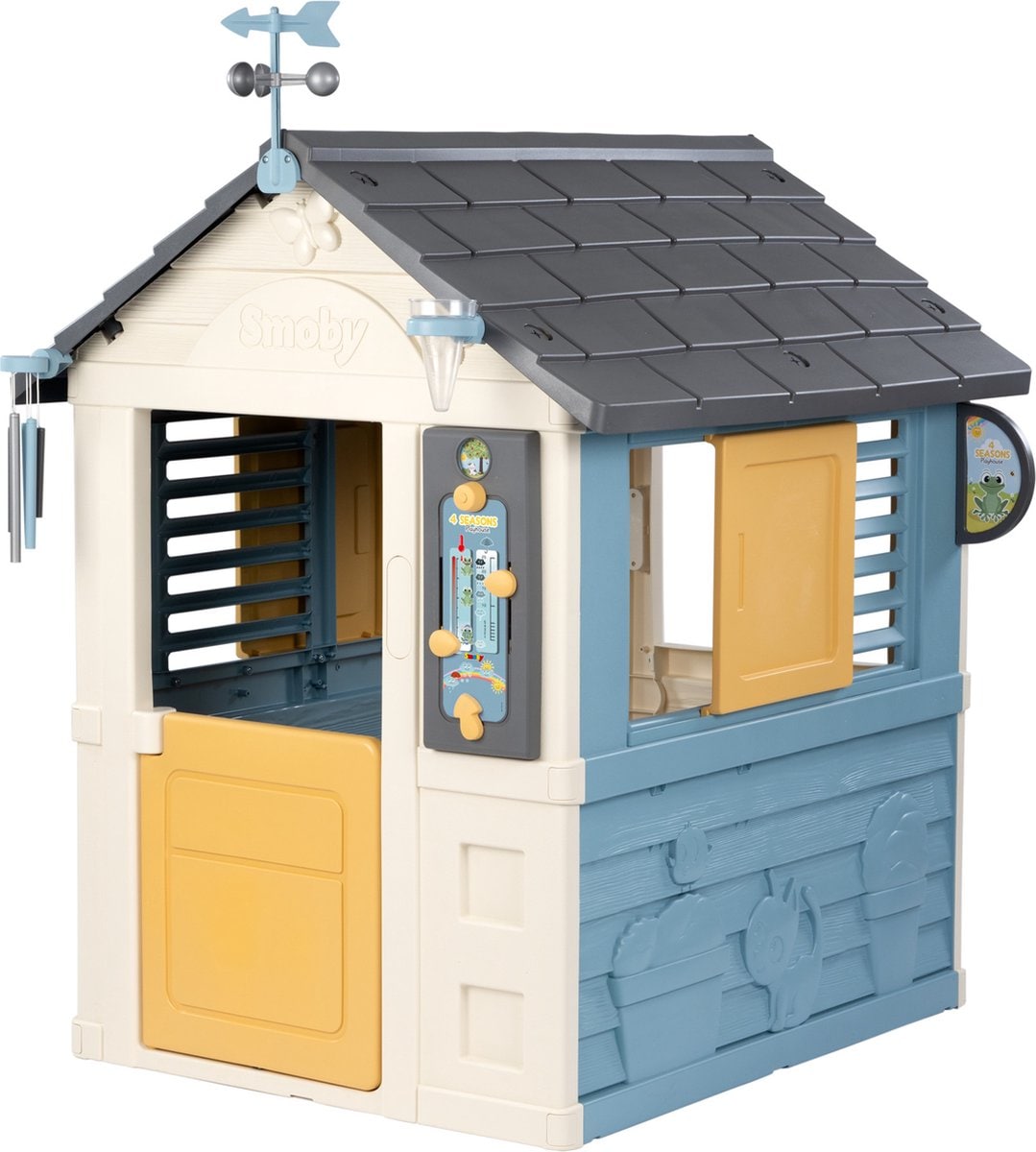 smoby 4 seasons speelhuisje met windwijzer en regenmeter, in de kleuren blauw, wit en geel Smoby
