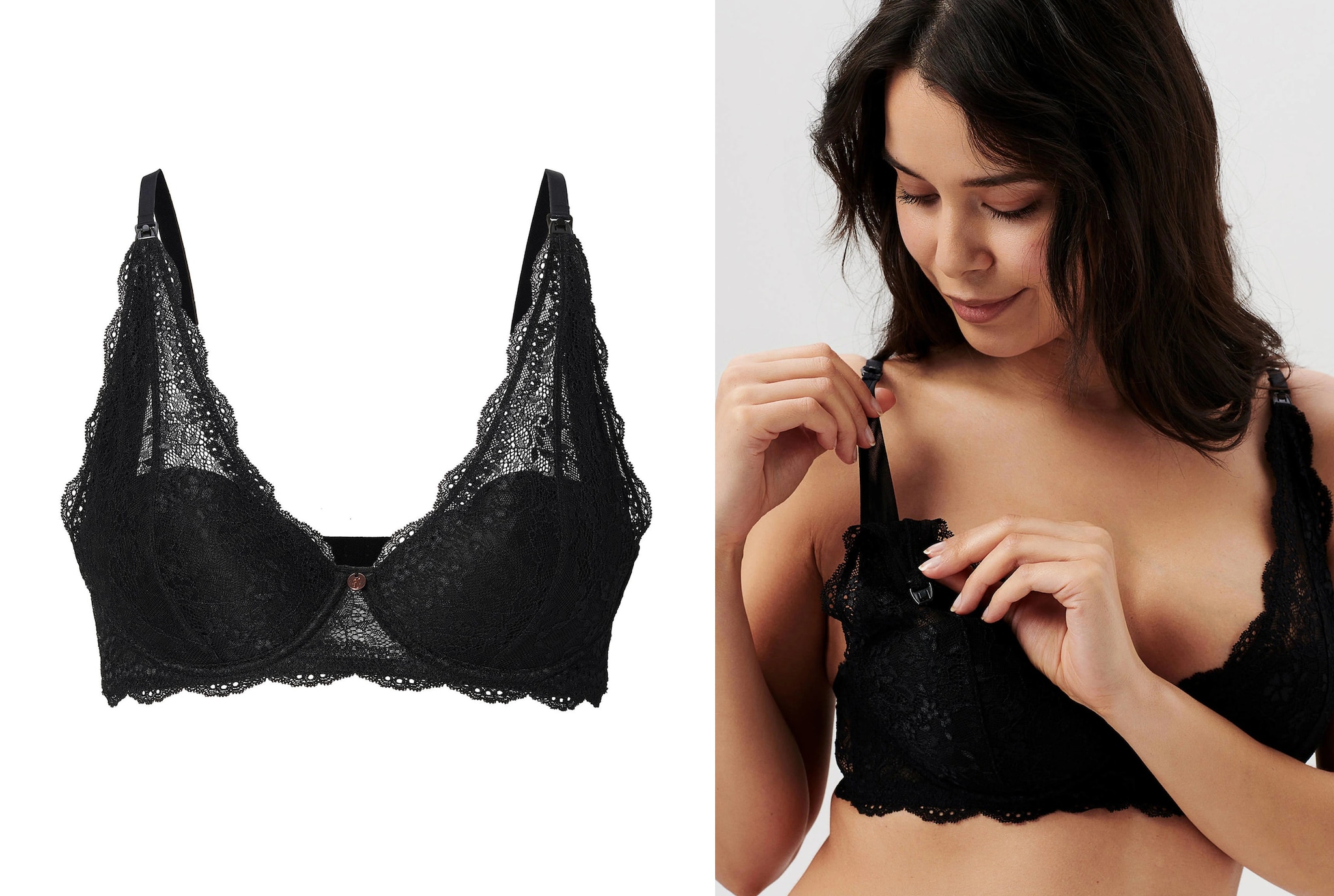 productfoto van zwarte voedingsbh van noppies met kant, en sfeerbeeld van een vrouw die de voedingsbh draagt Noppies