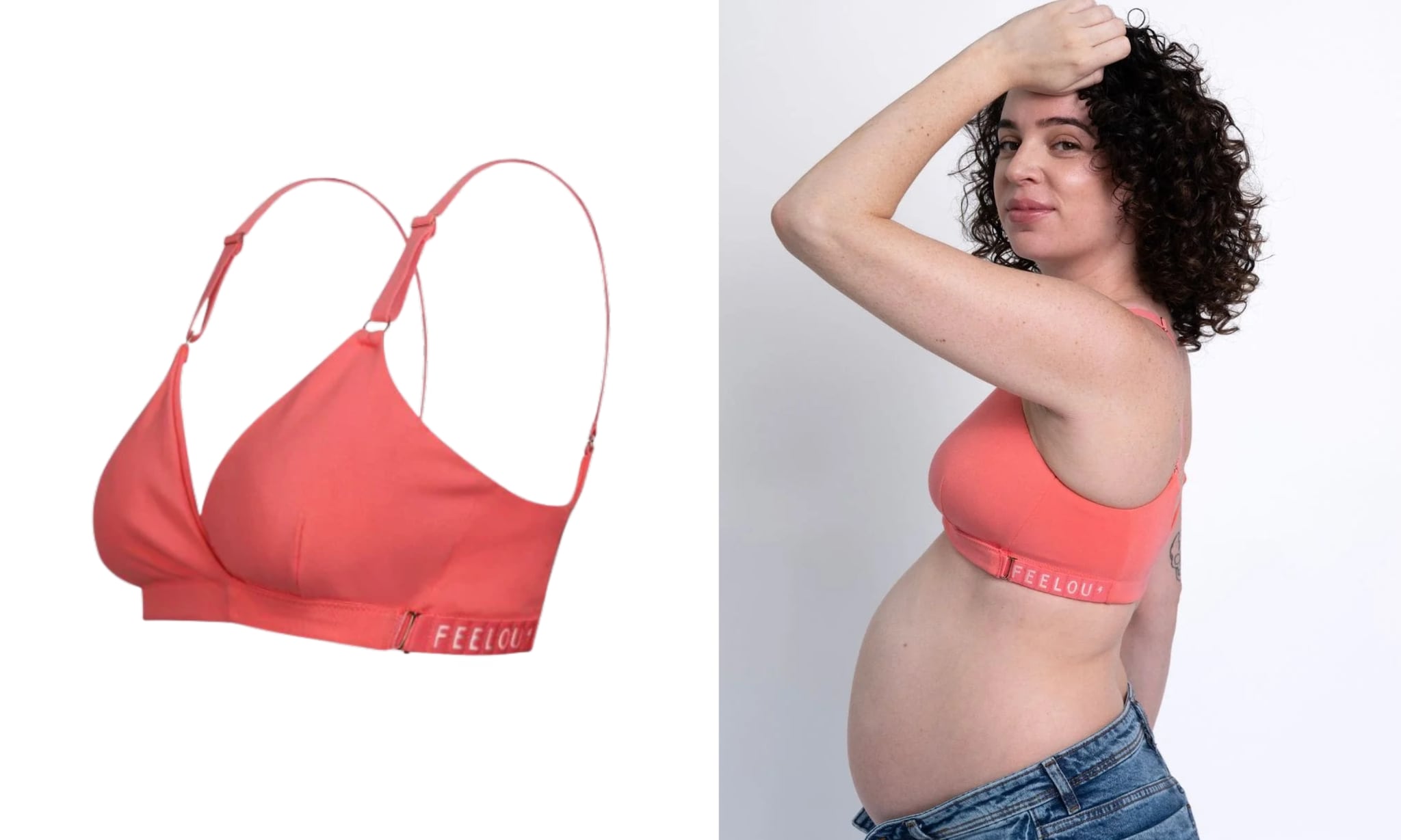 zwangere vrouw draagt feelou voedingsbh in de kleur coral sugar Feelou