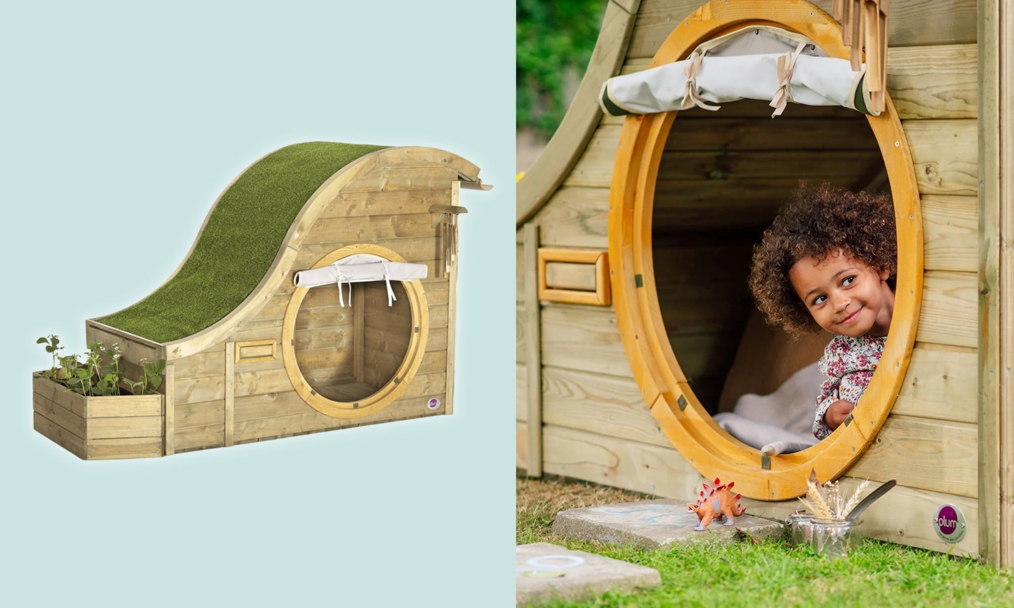 Kind speelt in hobbitachtig speelhuisje van het Plum. Ouders van Nu tipt dit en nog meer mooie speelhuisjes voor in de tuin Plum