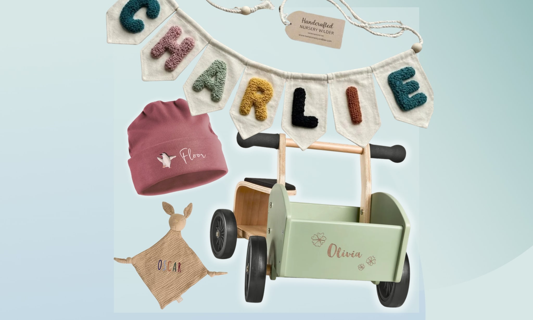 selectie van de mooiste gepersonaliseerde kraamcadeaus met naam