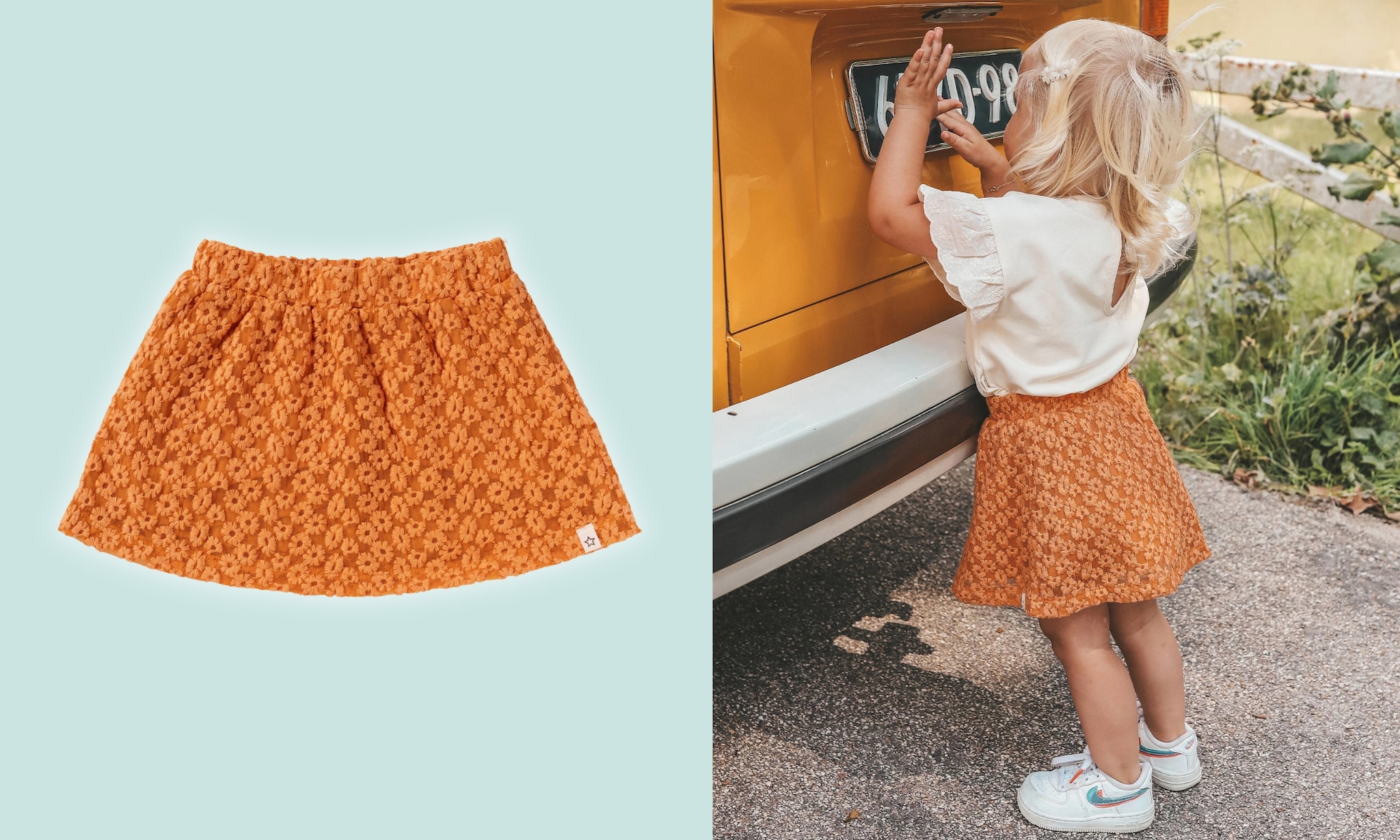 meisje draagt oranje rokje van het merk your wishes, perfect voor koningsdag maar ook daarna leuk om te dragen