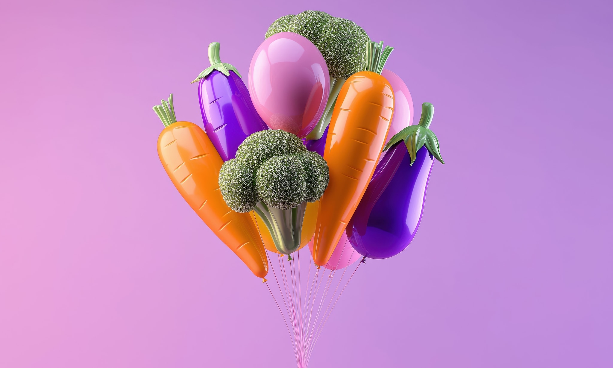 Ballonnen in de vorm van groenten, met paarse achtergrond.