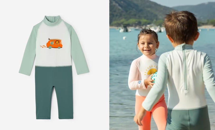 jongen en meisje dragen decathlon uv-pakjes op het strand Decathlon