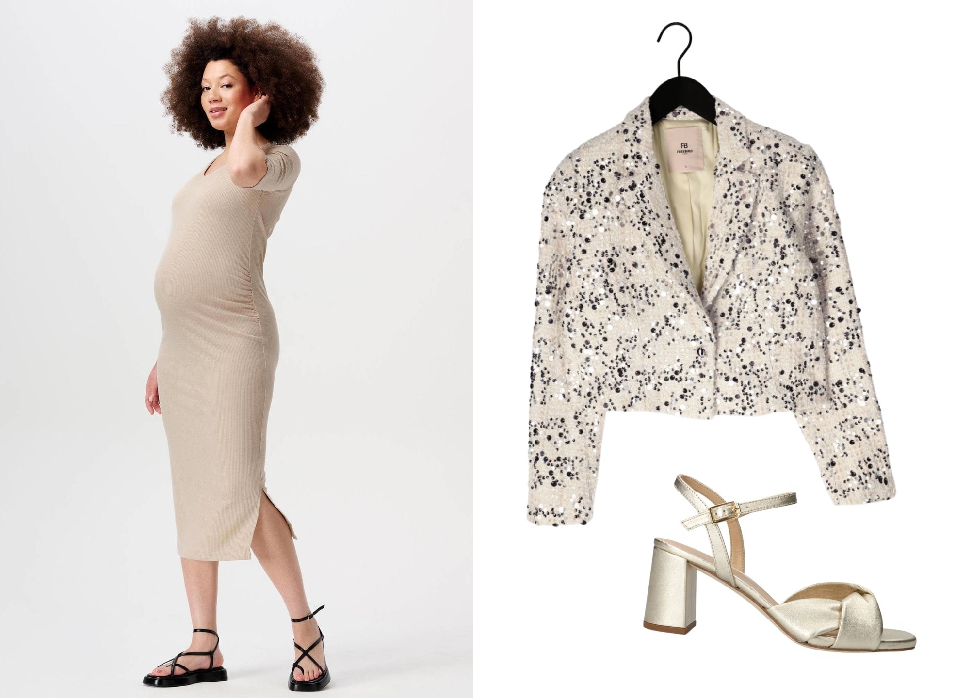 basic zwangerschapsjurk om aan te kleden met paillettenblazer en gouden pumps Noppies / Freebird / Unisa