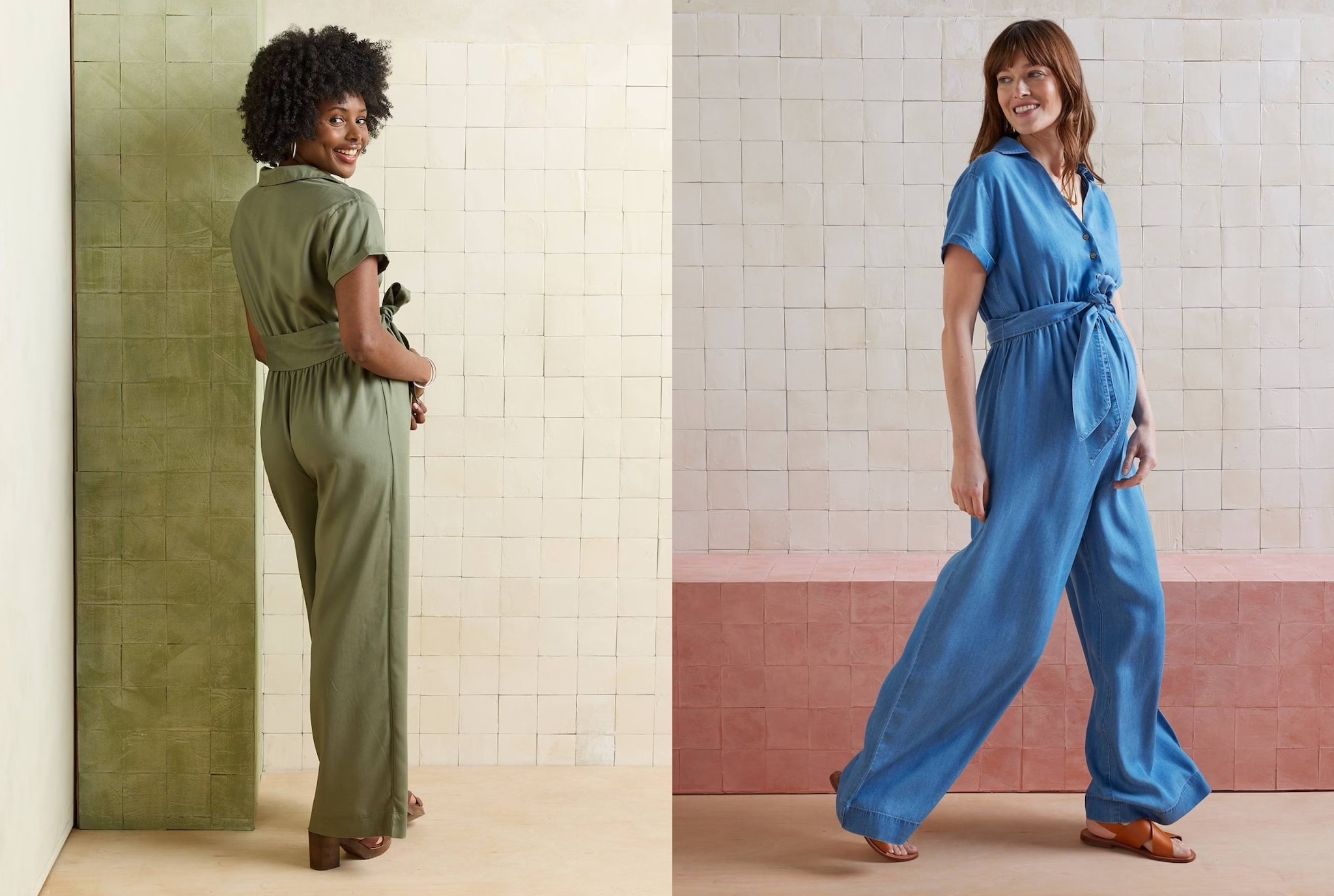 zwangere vrouwen dragen jumpsuits van vertbaudet in denim blauw en olijfgroen Vertbaudet